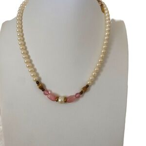 1928 vintage faux pearl necklace dainty pink beads gold tone